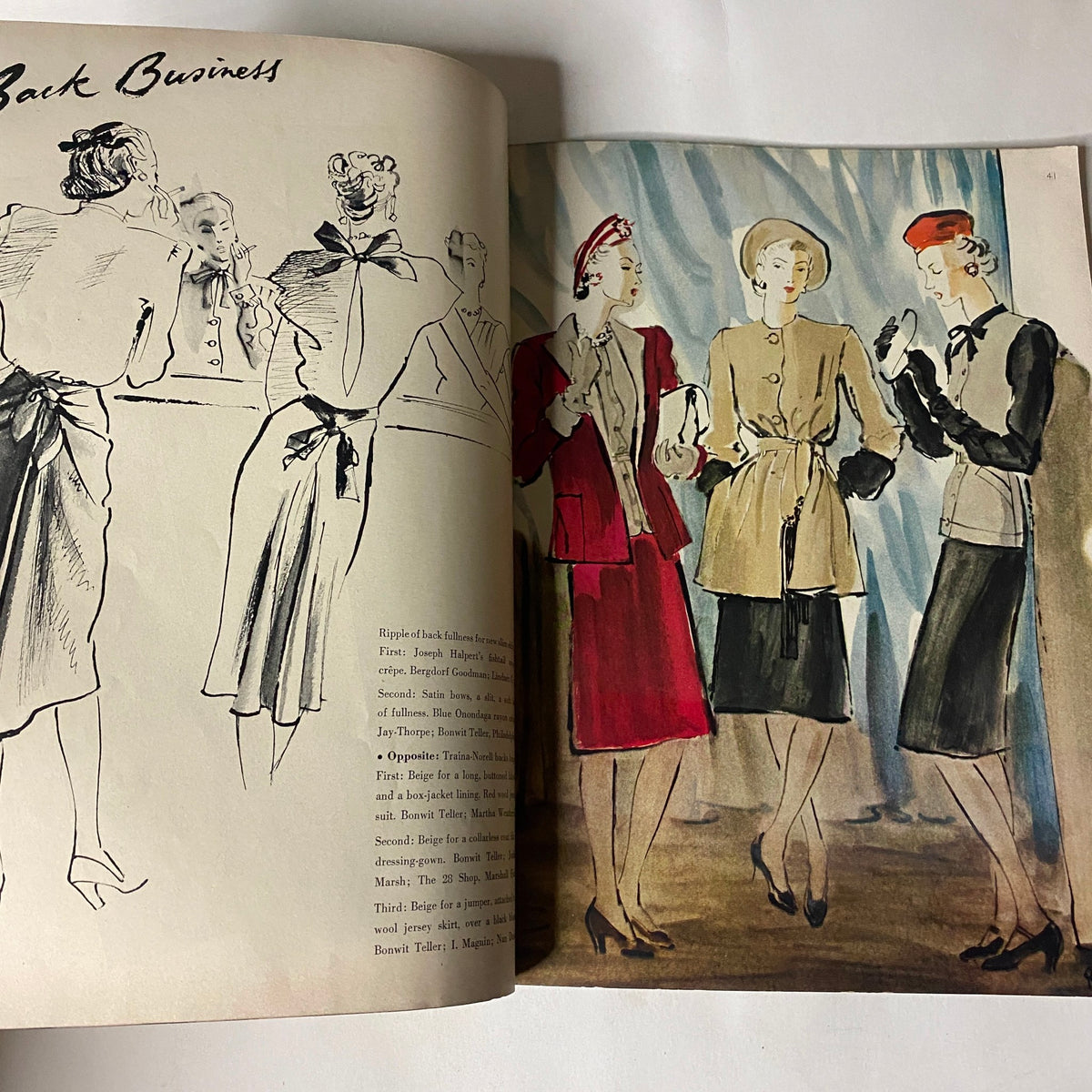 Fashion illustration from Vogue Magazine January 15, 1944, titled 'Spring Hats', showcasing elegant outfits and discussing emerging spring hat trends.