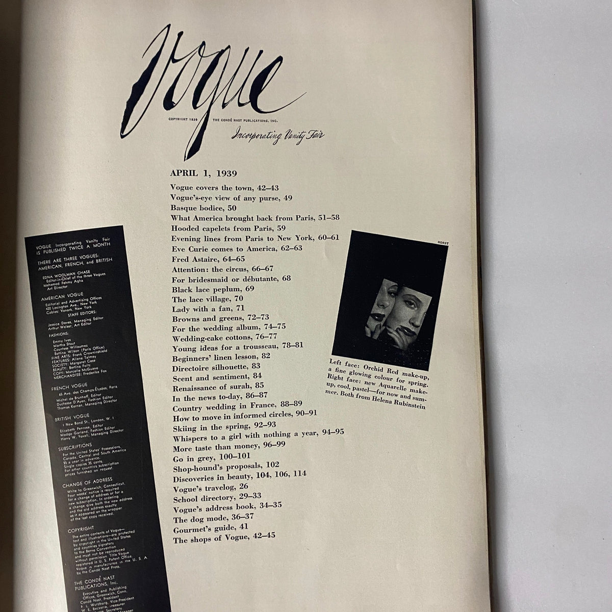 Table of contents page from Vogue Magazine April 1, 1939, detailing articles and features, including fashion insights and cultural figures like Fred Astaire.