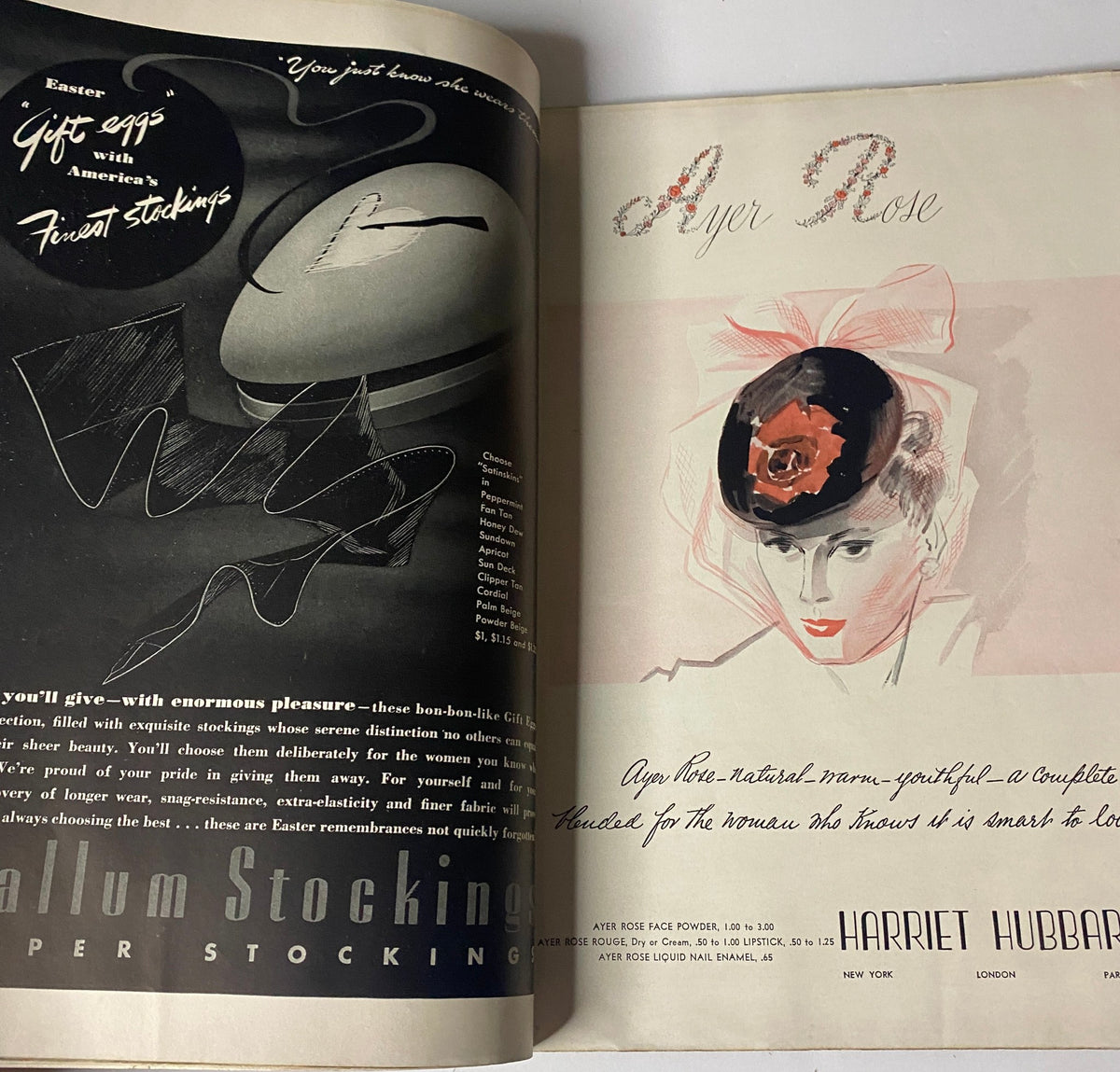 Page from Vogue Magazine April 1, 1939 displaying an advertisement for Ayer Rose Stockings, highlighting elegant fashion accessories for the Easter season.