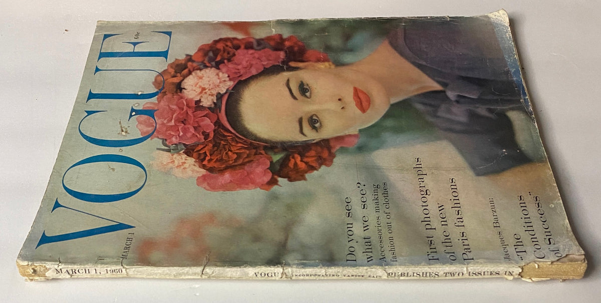 Vogue Magazine March 1, 1960 with Sondra Peterson on the cover, showcasing vibrant floral headpiece, featuring articles on fashion trends and culture.
