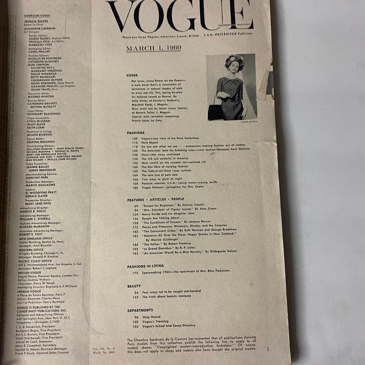 Inside page of Vogue Magazine March 1, 1960, featuring the table of contents including sections on fashion, beauty, and modern living.