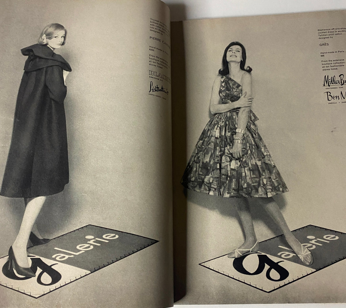 A black and white fashion editorial spread in Vogue Magazine March 1, 1960 displaying two models in elegant dresses, showcasing the sophistication of mid-century fashion.