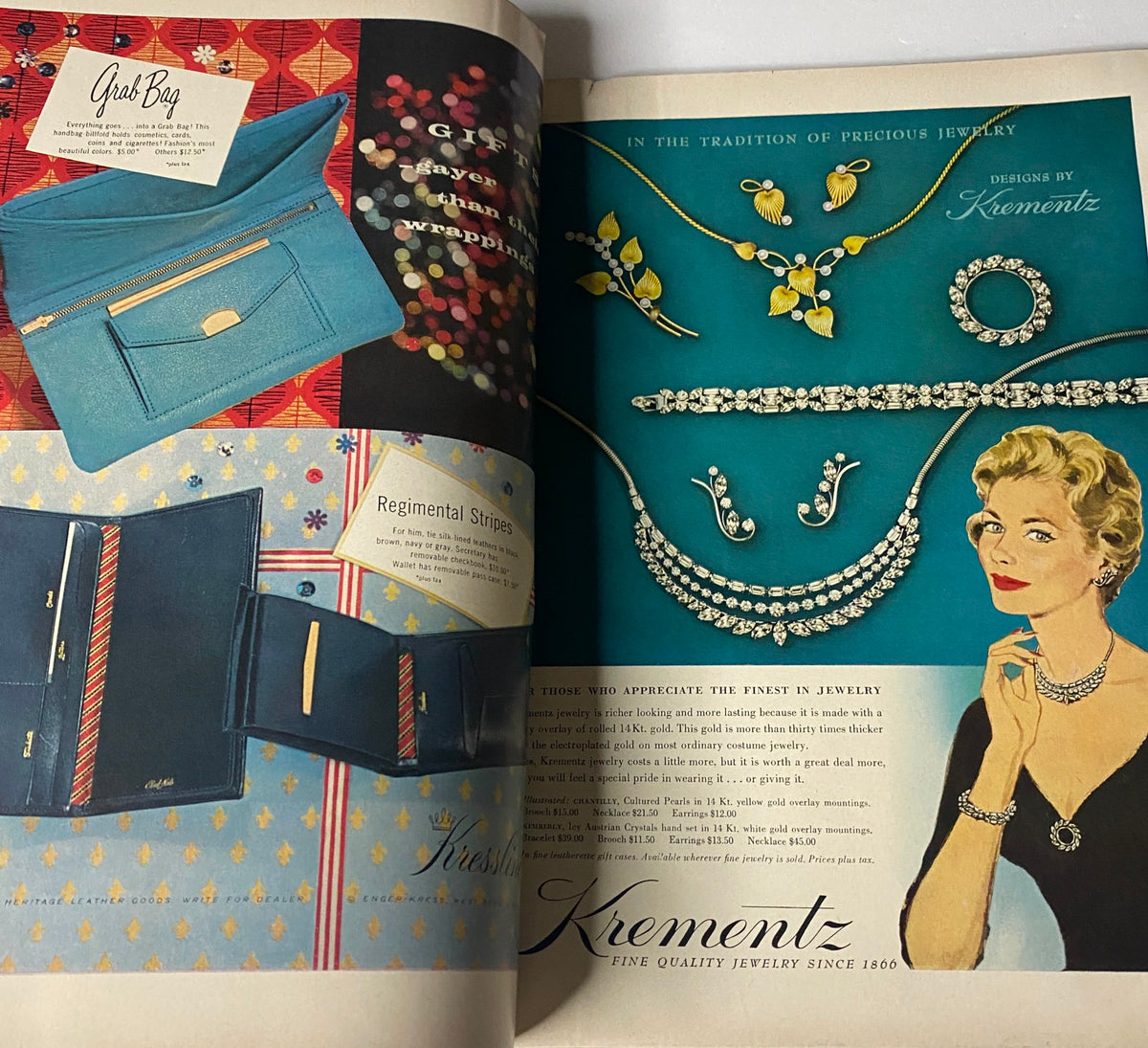 An advertisement in Vogue Magazine December 1957 for Krementz jewelry, showcasing a selection of fine jewelry pieces, emphasizing luxury and style related to the holiday season.