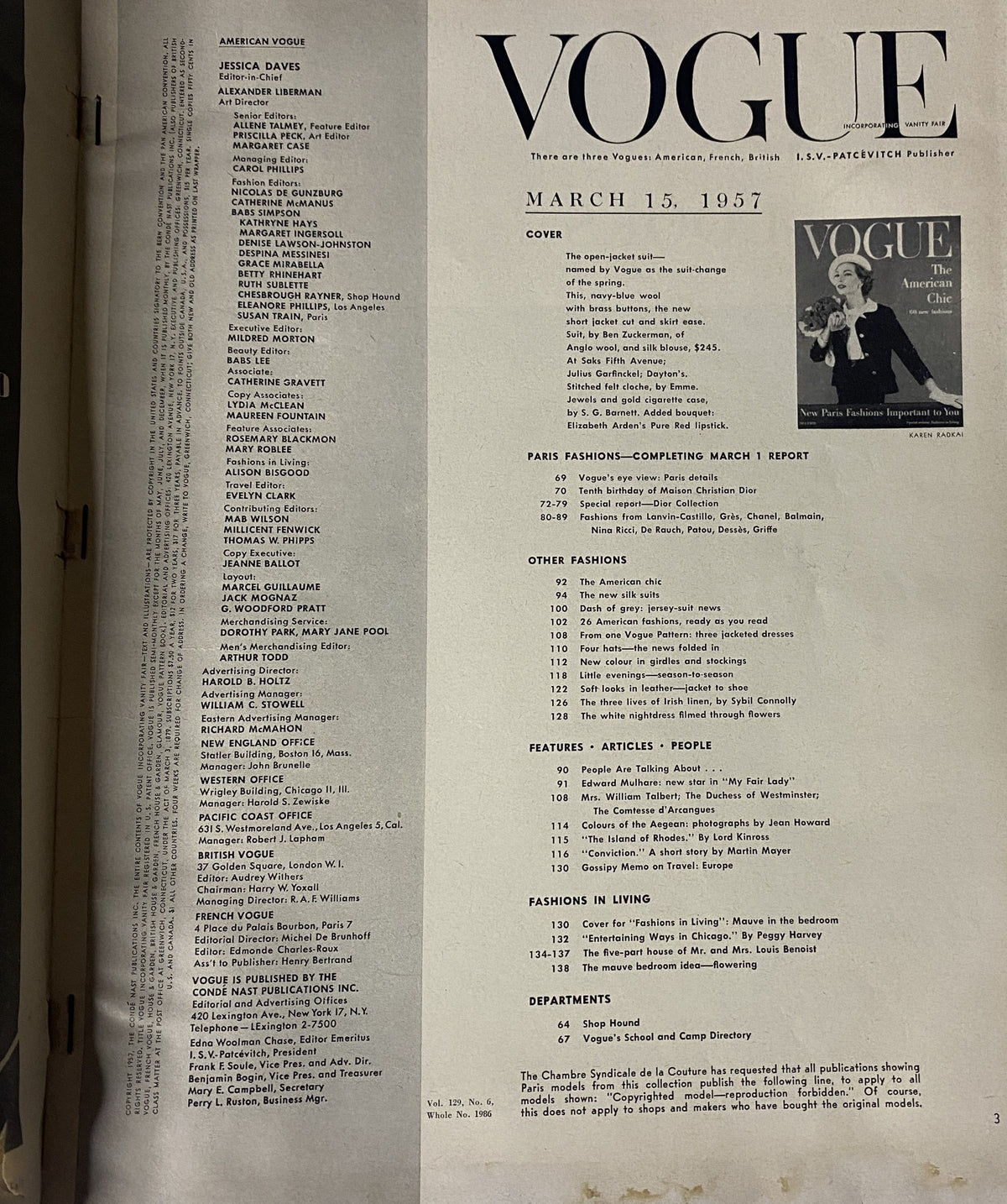 Interior page of Vogue Magazine March 15, 1957 displaying the table of contents, showcasing articles and features within the issue, noted for its mid-century fashion insights.
