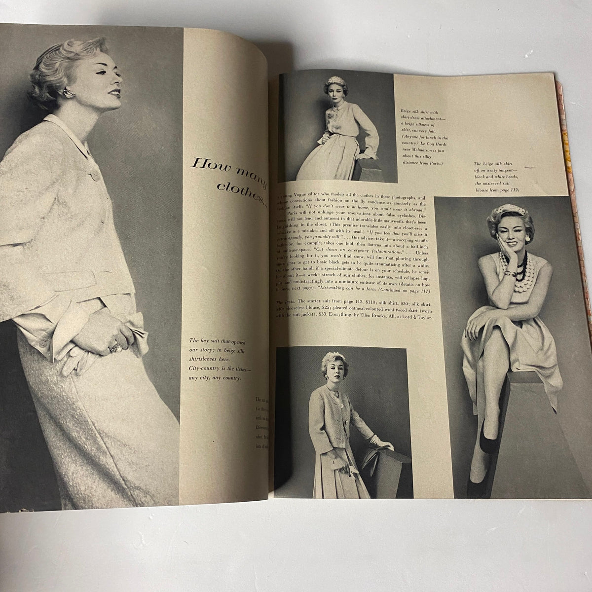 Images of a model demonstrating elegant attire in Vogue Magazine April 1, 1960, exploring the theme of clothing necessities for women.