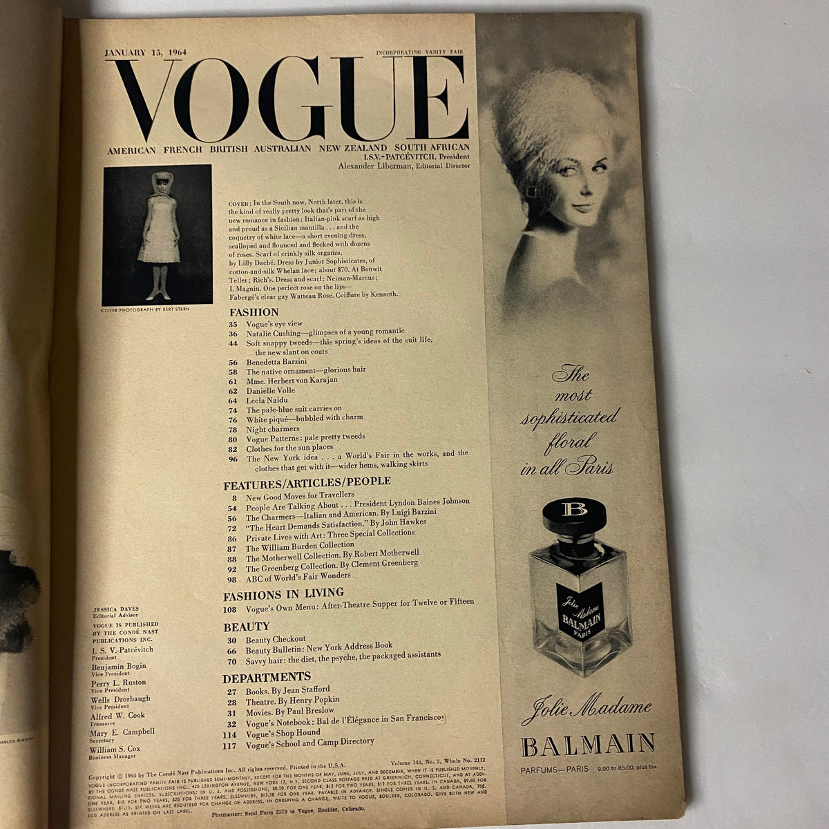 Inside page from Vogue Magazine January 15, 1964, displaying the table of contents with articles on fashion and culture from the early 1960s.