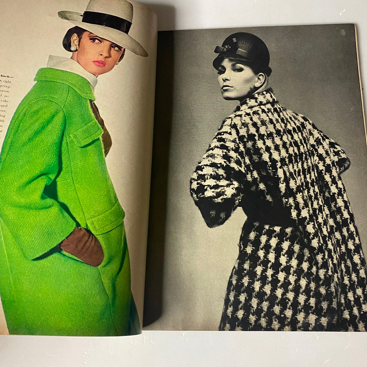 Vogue Magazine January 15, 1964 displaying a model in a vibrant green coat and stylish hat, capturing the glamor of 1960s fashion.