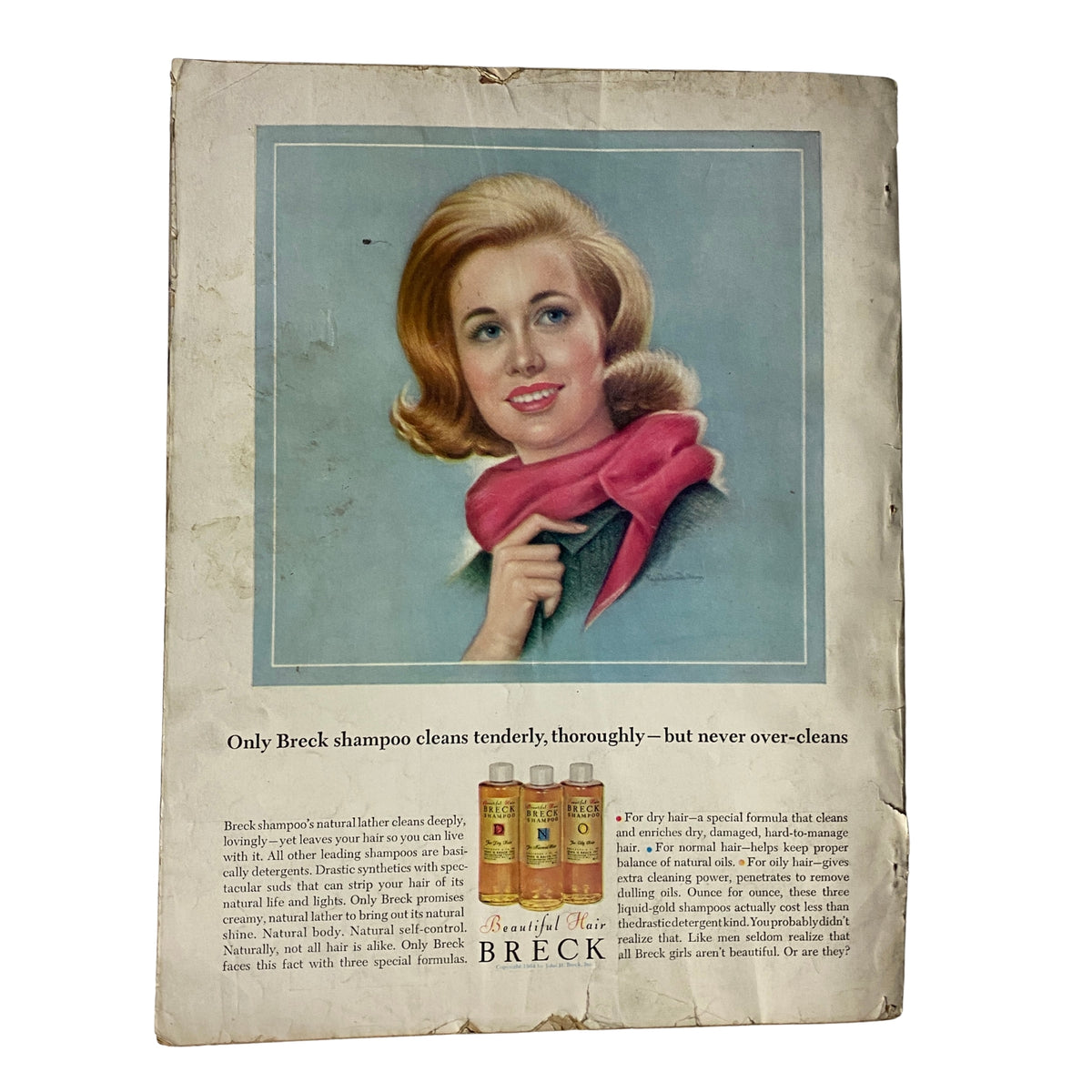 Advertisement from the back cover of Vogue Magazine January 15, 1964 featuring a model with blonde hair and pink scarf promoting Breck shampoo, showcasing 1960s beauty standards.