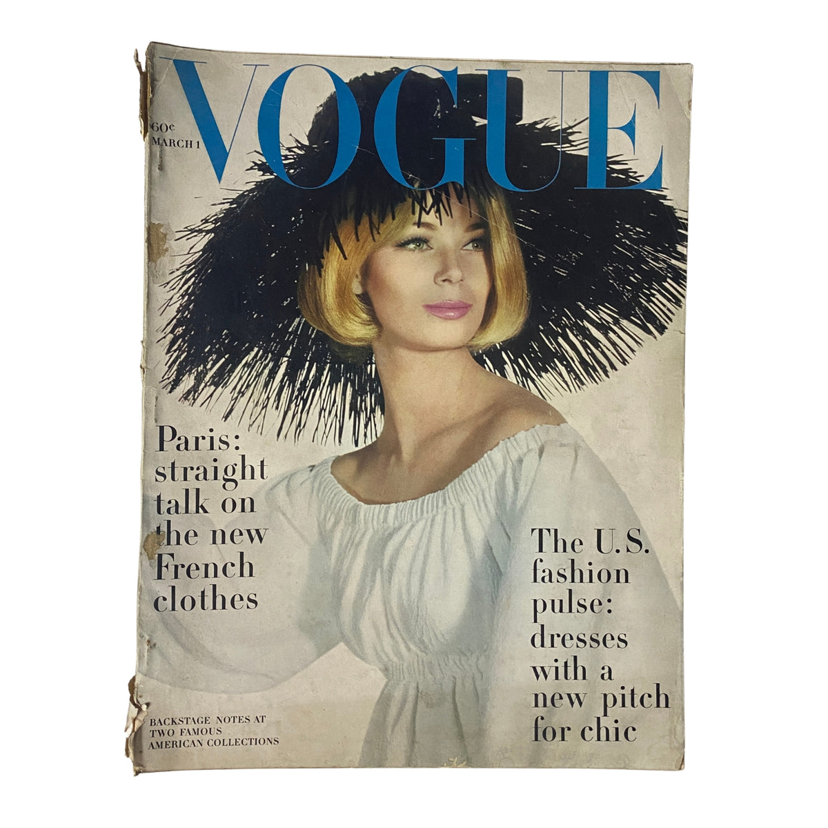 Vogue Magazine March 1, 1963 cover featuring model Anne De Zogheb, photographed by Irving Penn, showcasing early 1960s fashion with a focus on French couture.