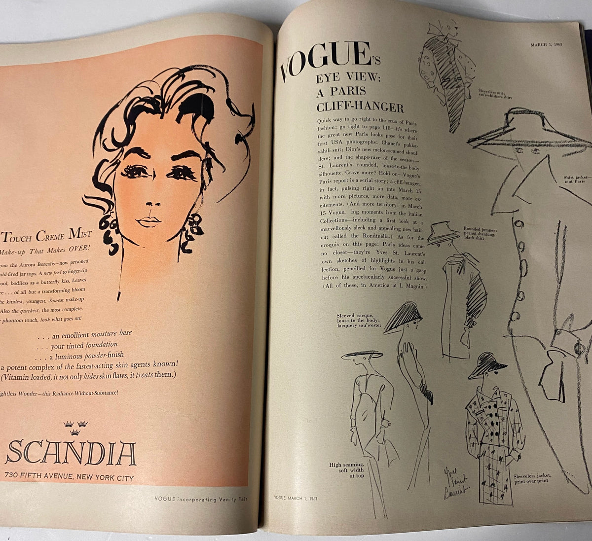 Vogue Magazine March 1, 1963 Anne De Zogheb Cover by Irving Penn featuring a fashion illustration on the left page titled 'Vogue's Eye View: A Paris Cliff-Hanger' and an advertisement for Scandia on the right.