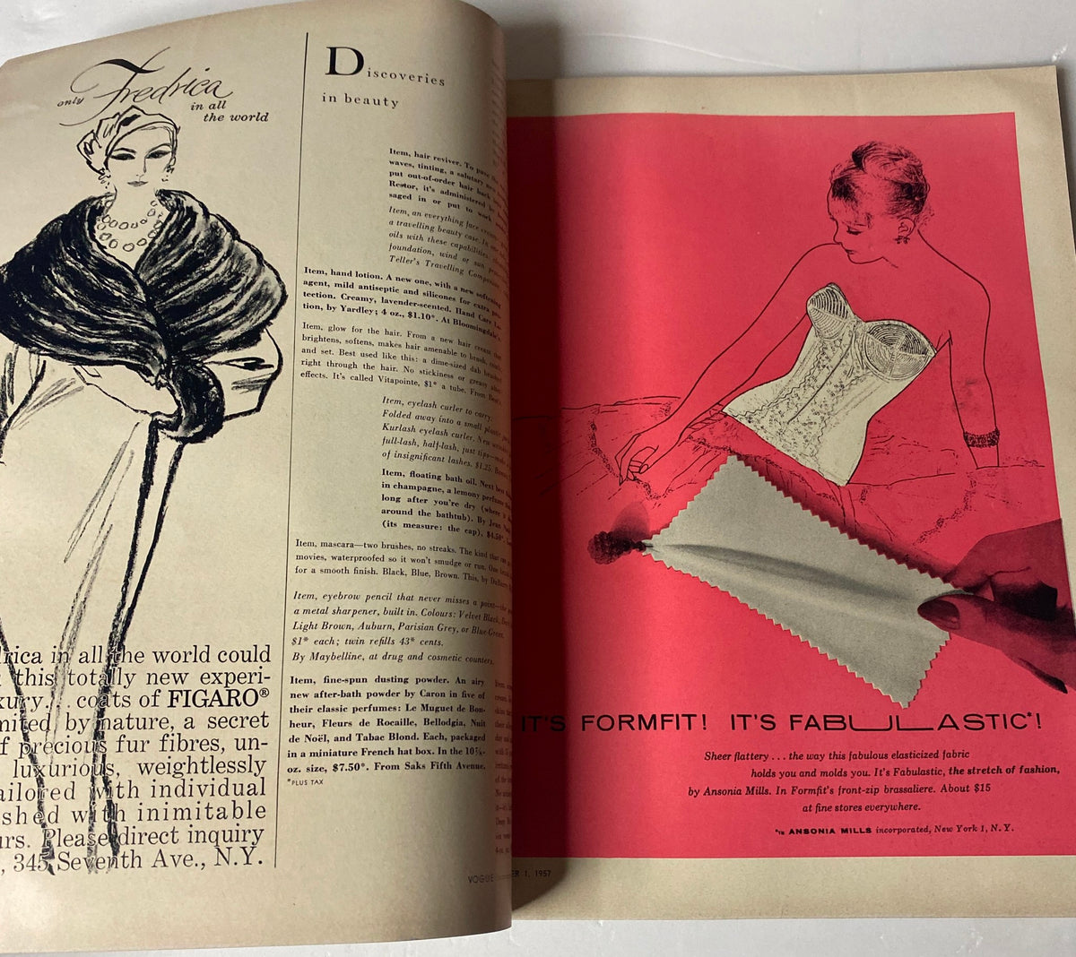 Inside spread of Vogue Magazine November 1, 1957, displaying an advertisement with a fashion illustration promoting beauty products.