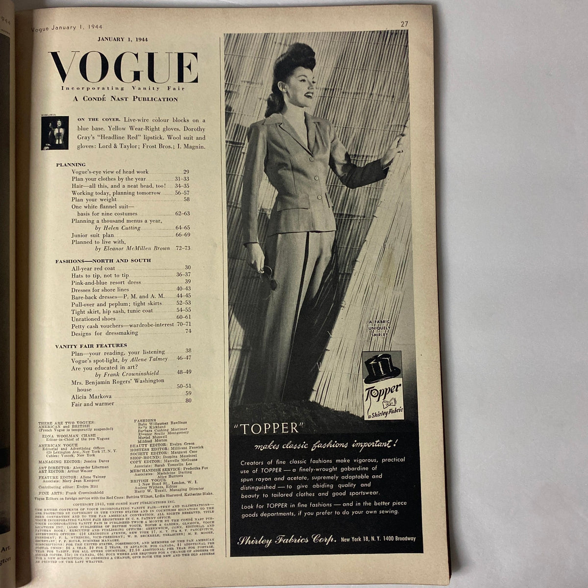 Page from Vogue Magazine January 1, 1944, showcasing a fashion spread with a model wearing a stylish suit and a hat, emphasizing wartime fashion innovations.