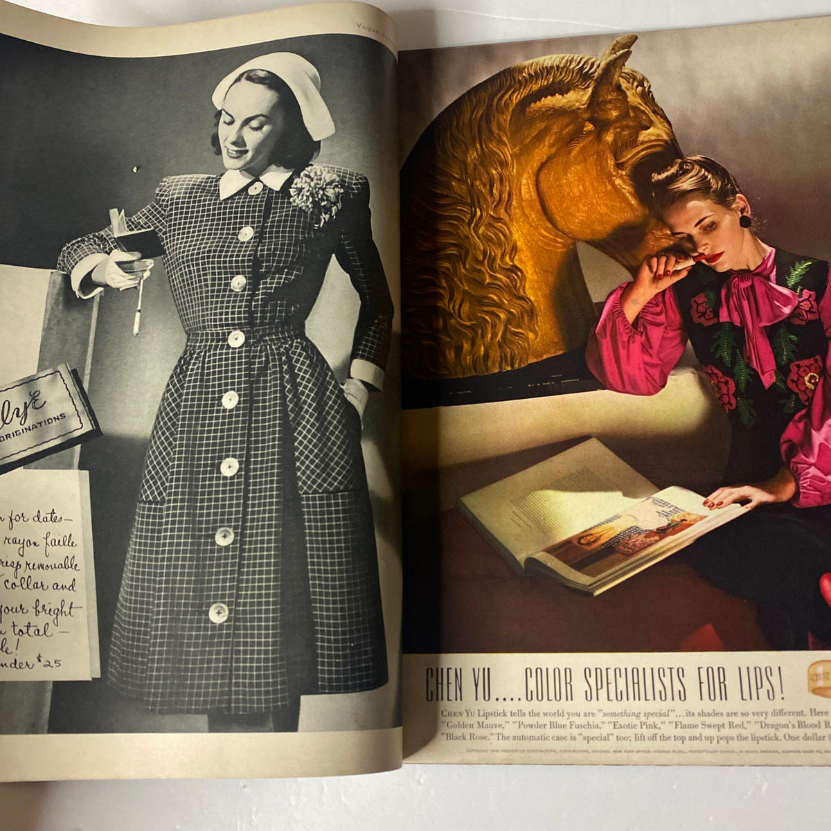 Inside spread of Vogue Magazine January 1, 1944, featuring a model in a checked dress with buttons and an elegant hairstyle, highlighting fashion trends during World War II.