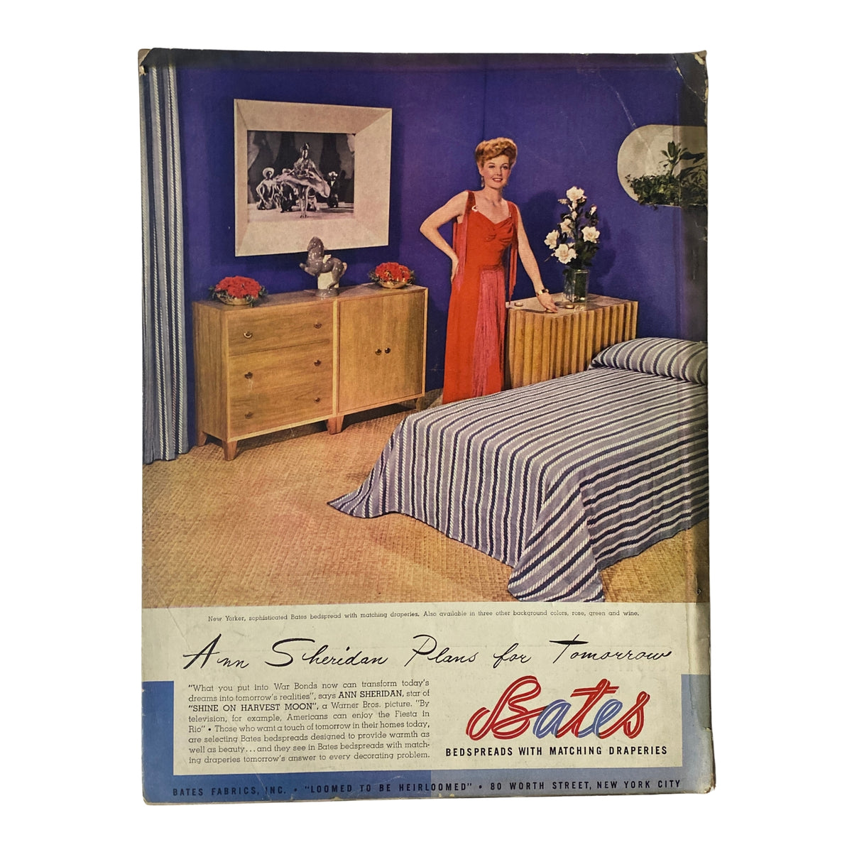 Back cover of Vogue Magazine January 1, 1944 Marilyn Ambrose Cover by John Rawlings, featuring an advertisement for Bates Fabrics with an image of a stylish interior.
