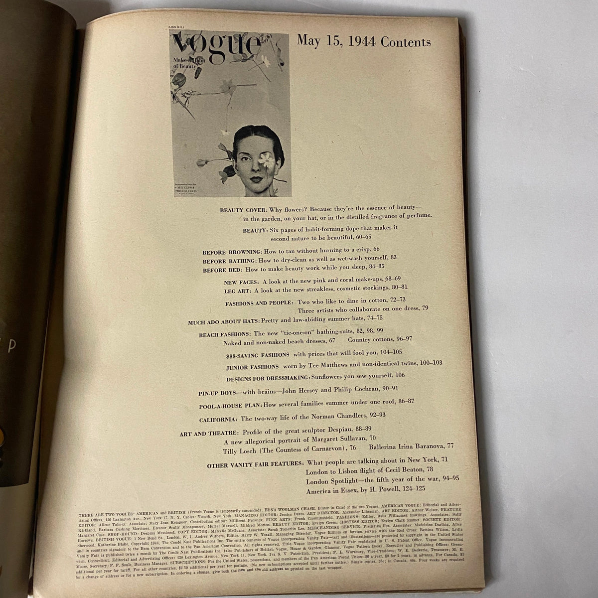 Contents page of Vogue Magazine May 15, 1944, showcasing various articles and features, including a portrait and a brief glimpse of the cover.
