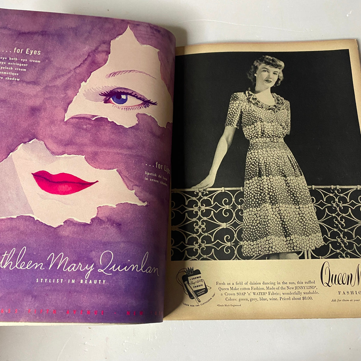 Beauty advertisement spread in Vogue Magazine May 15, 1944, displaying a model and showcasing Kathleen Mary Quinlan's fashion styles.