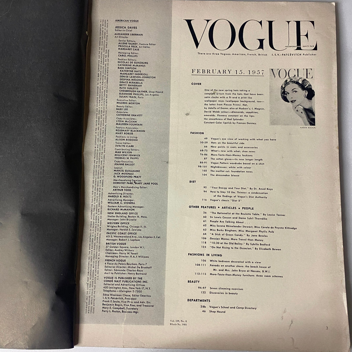 Inside page of Vogue Magazine February 15, 1957, displaying the table of contents and editorial details, showcasing the rich cultural content of mid-century fashion and lifestyle.