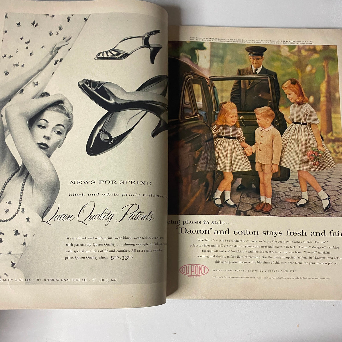 Vogue Magazine February 15, 1957 featuring Anne St. Marie by Karen Radkai, highlighting an advertisement for spring fashion with children dressed in stylish outfits, emphasizing classic mid-century fashion.