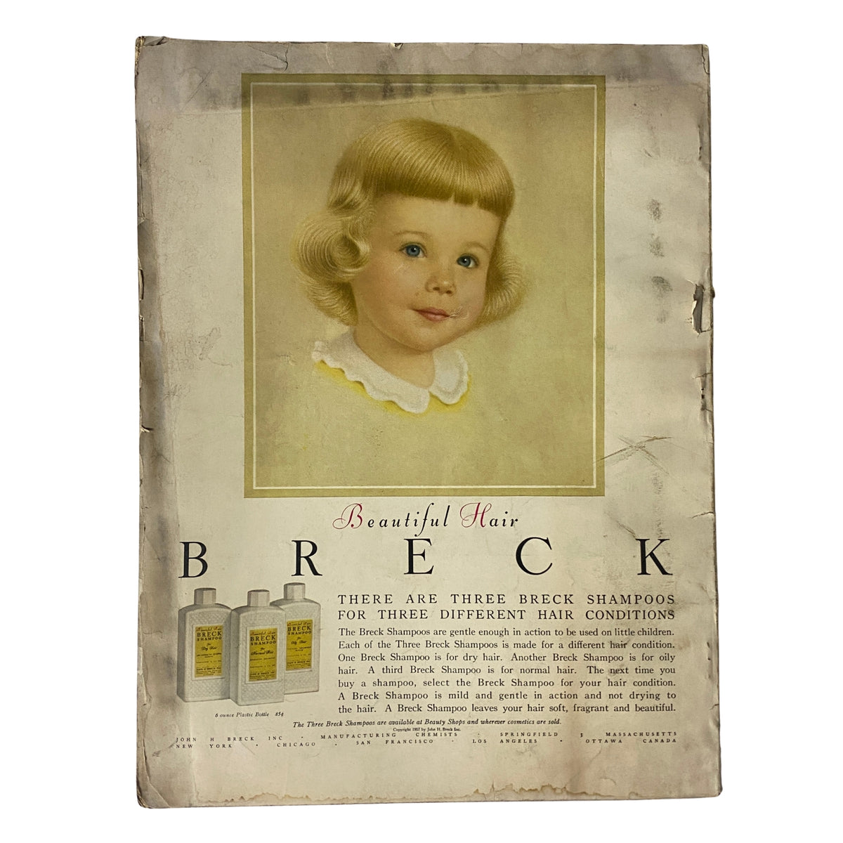 Vintage advertisement featuring a young girl with blonde hair promoting Breck Shampoos for different hair conditions, emphasizing the brand's focus on beautiful hair. This ad was originally published in Vogue Magazine February 15, 1957, featuring the title 'Vogue Magazine February 15, 1957 Anne St. Marie by Karen Radkai GD Interior'.