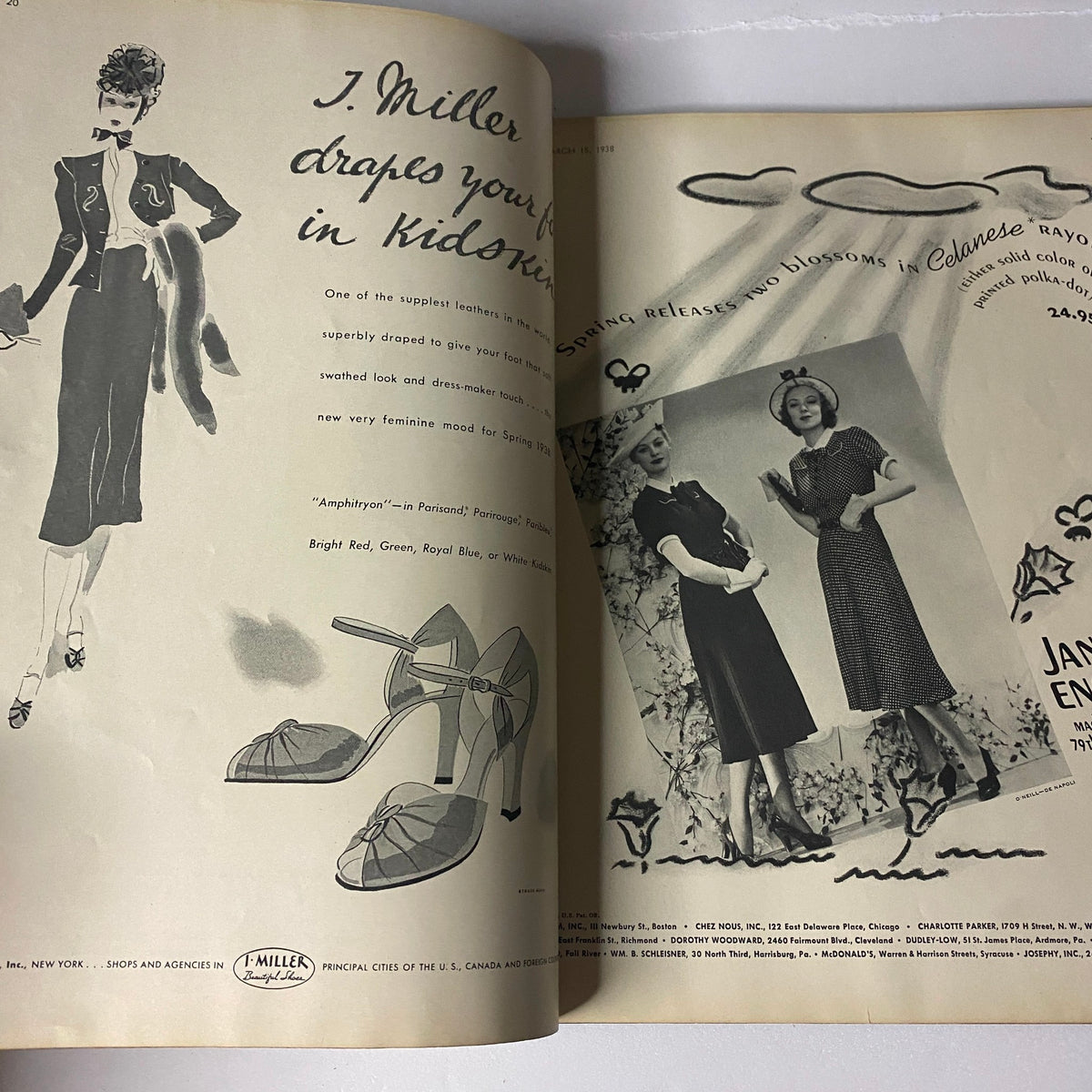 Vintage fashion illustration from Vogue Magazine March 15, 1938, showcasing a dress design by J. Miller, with stylish shoes, depicting pre-war Paris couture.
