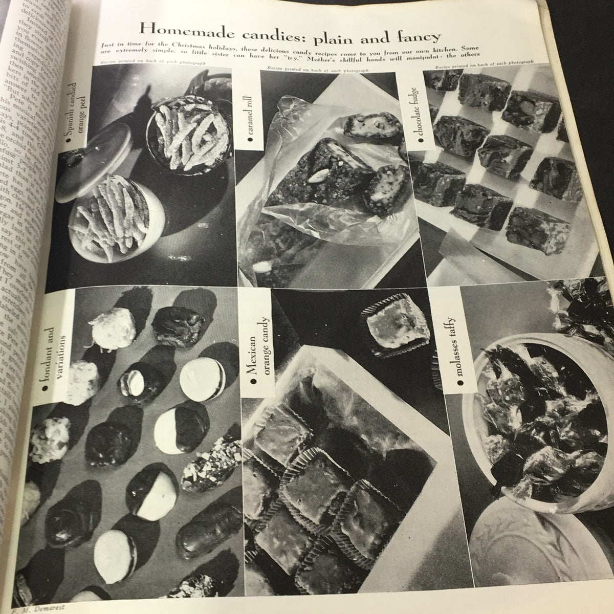 Culinary feature from VTG The American Home for 1939 Vol XXL #2, displaying recipes for homemade candies, illustrated with dessert images, tempting for holiday treats.