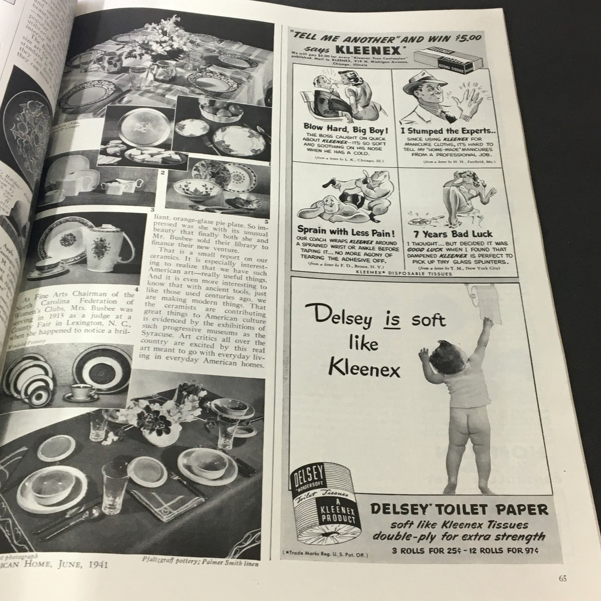VTG The American Home June 1941 Graduation Day magazine page showcasing dinnerware and advertisements for Kleenex and Delsey Toilet Paper, capturing everyday American life.