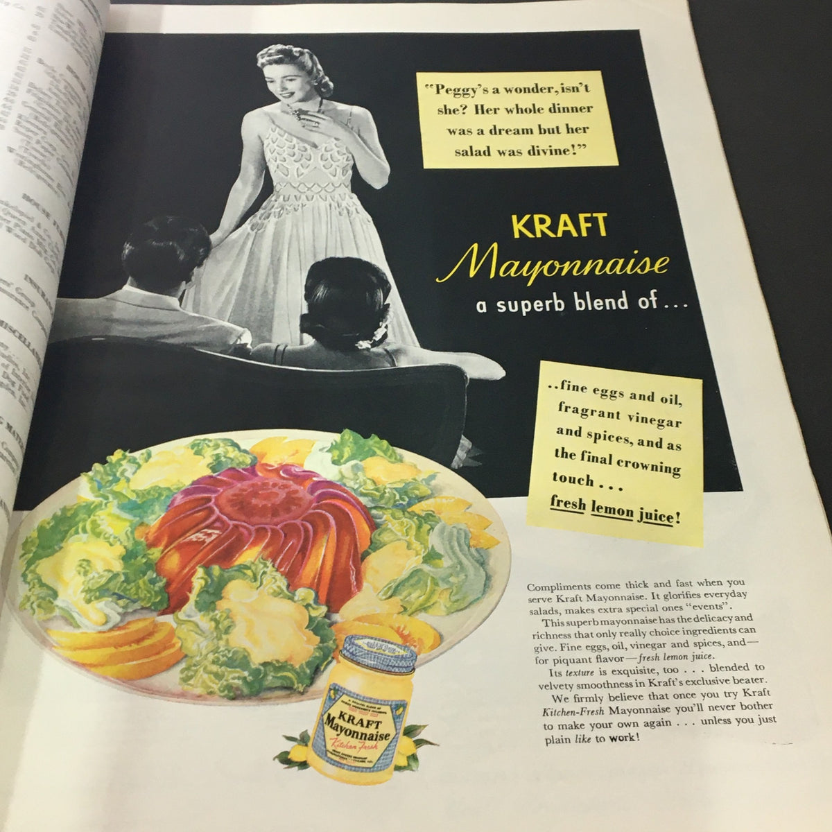 Advertisement from VTG The American Home July 1941 featuring Kraft Mayonnaise with a glamorous woman and a colorful salad presentation.