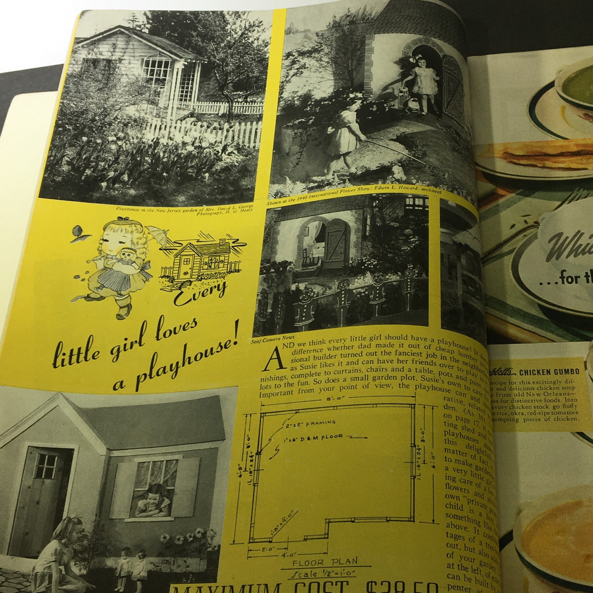 Page from VTG The American Home July 1941 highlighting playhouse designs for little girls, featuring illustrations and text for inspiration.