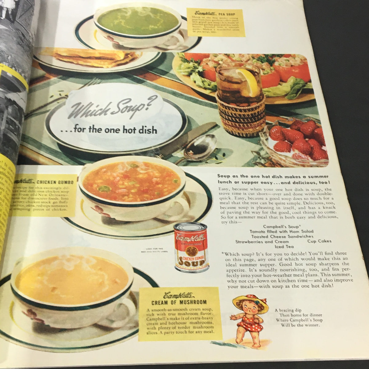 Food advertisement in VTG The American Home July 1941 showcasing various Campbell's soups on a dining table, promoting summer meal ideas.