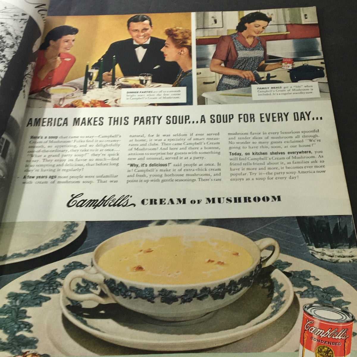 Advertisement from VTG The American Home January 1942 featuring Campbell's Cream of Mushroom soup, highlighting its popularity as a versatile dish during wartime.