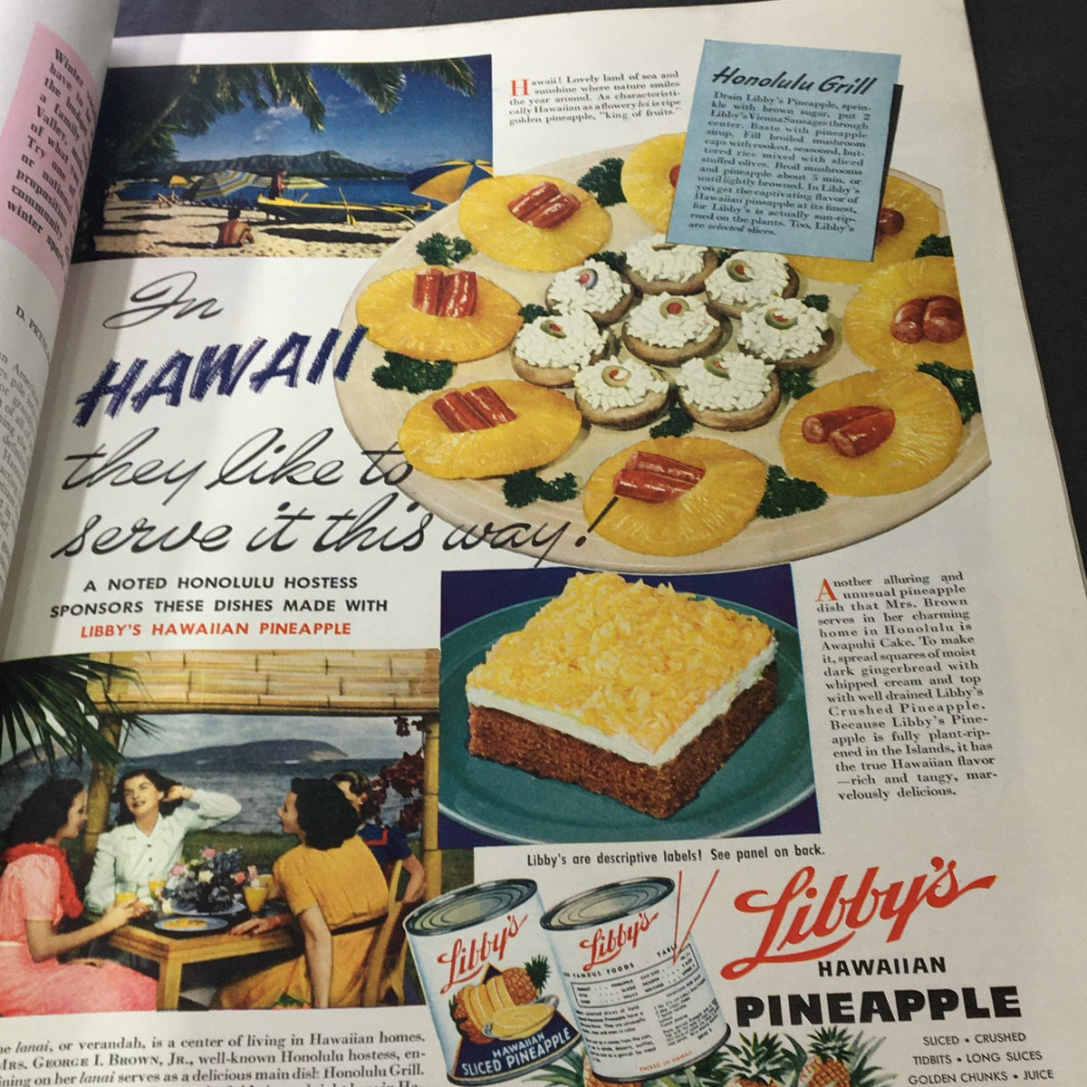Promotional page from VTG The American Home January 1942 showcasing dishes made with Libby's Hawaiian Pineapple, emphasizing tropical cooking trends.