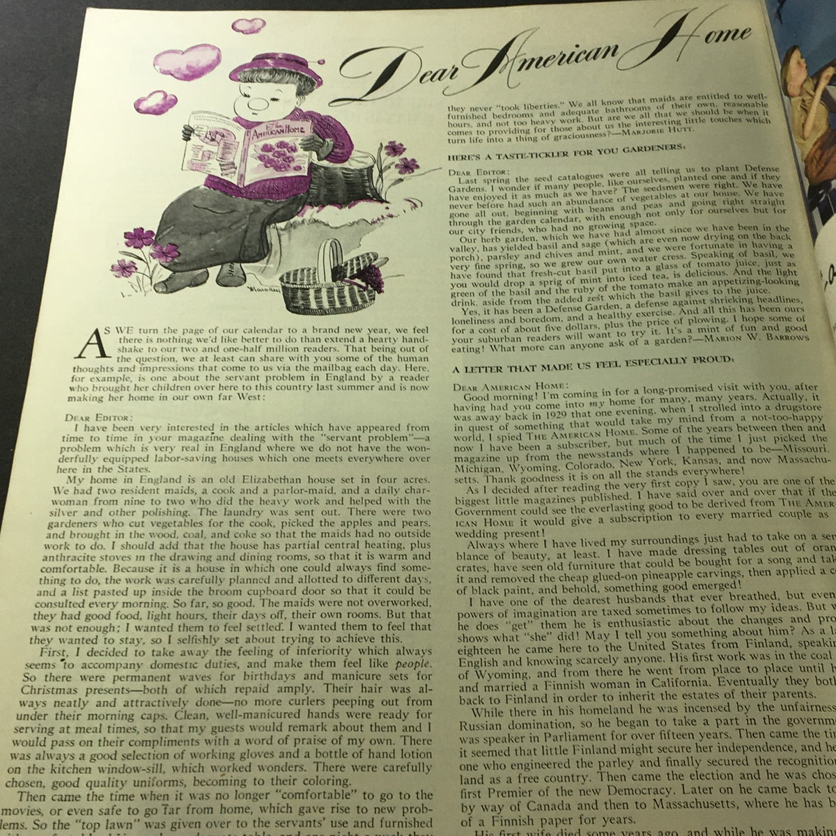 Dear American Home article from VTG The American Home January 1942 magazine featuring a vintage illustration of a woman reading the magazine, highlighting food gardens during wartime.