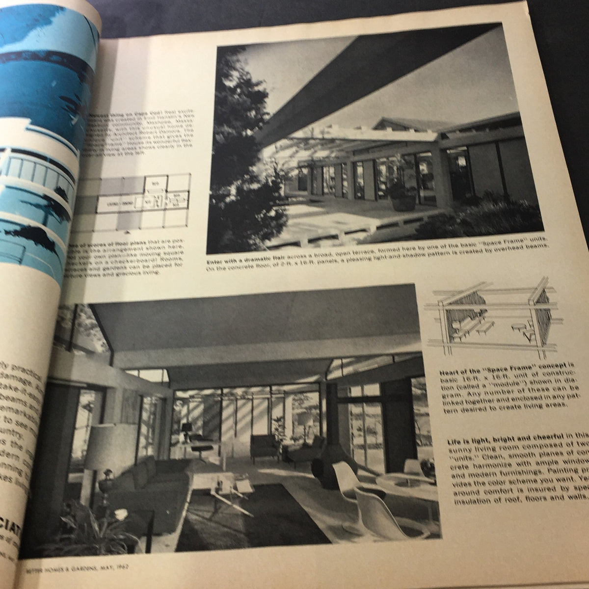 Interior page of VTG Better Homes & Gardens May 1962 magazine illustrating a modern living space design with open architecture.
