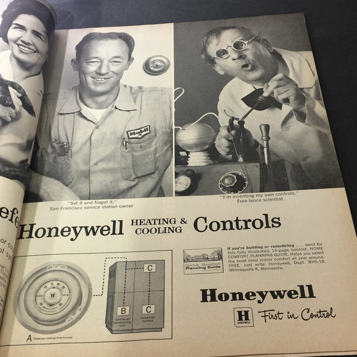 Advertisement page from VTG Better Homes & Gardens May 1962 magazine for Honeywell heating and cooling controls, featuring smiling professionals.