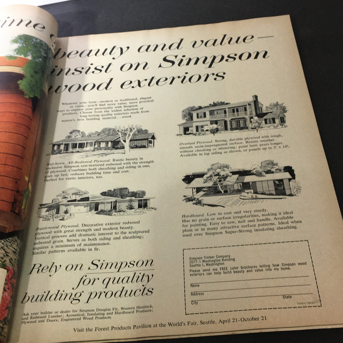 Vintage advertisement showcasing Simpson wood exteriors from Better Homes & Gardens May 1962, highlighting various wood products for building and renovation.