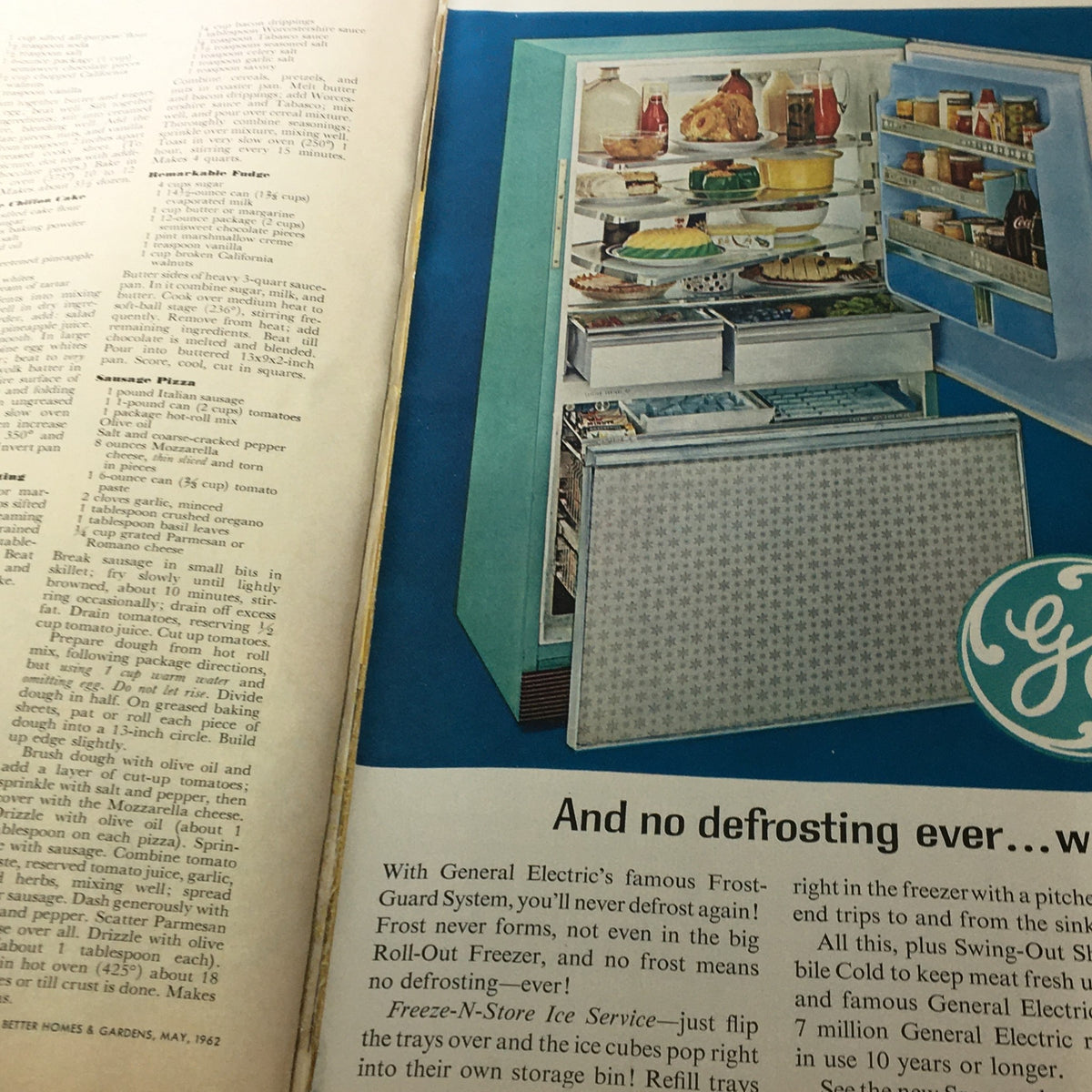 Interior of a 1960s refrigerator with food items, featured in Better Homes & Gardens May 1962, promoting General Electric's Frost-Guard System for no defrosting.
