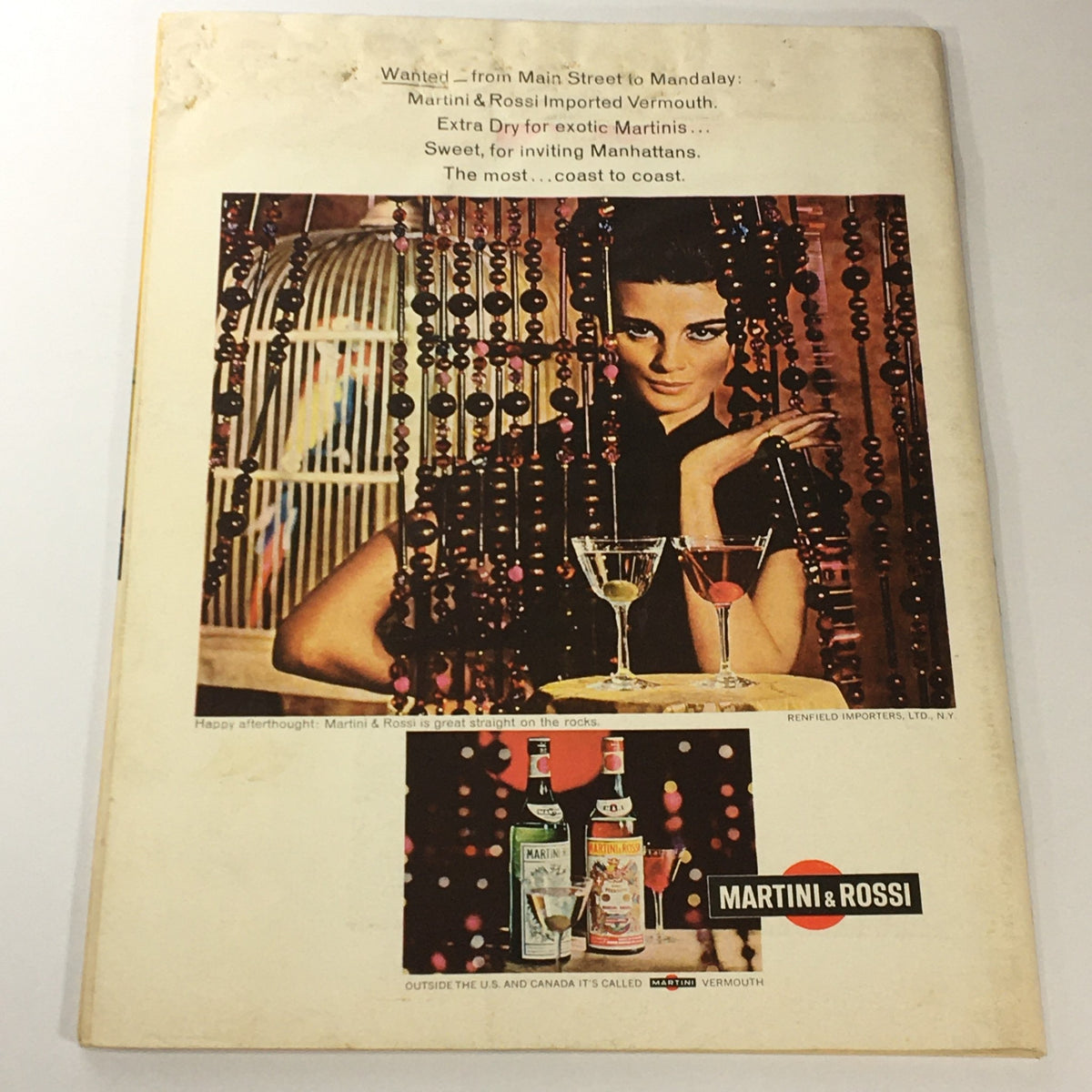 Back cover of the VTG Newsweek Magazine from March 21, 1966 featuring a vintage advertisement for Martini & Rossi vermouth, emphasizing its historical context.