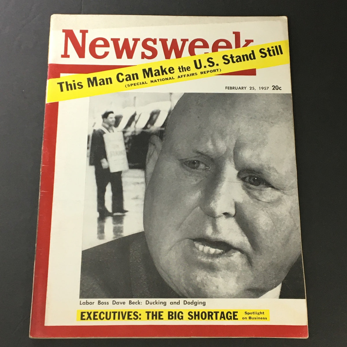 VTG Newsweek Magazine cover from February 25, 1957 featuring Labor Boss Dave Beck with the headline 'Ducking and Dodging', showcasing a historical look into American labor politics.