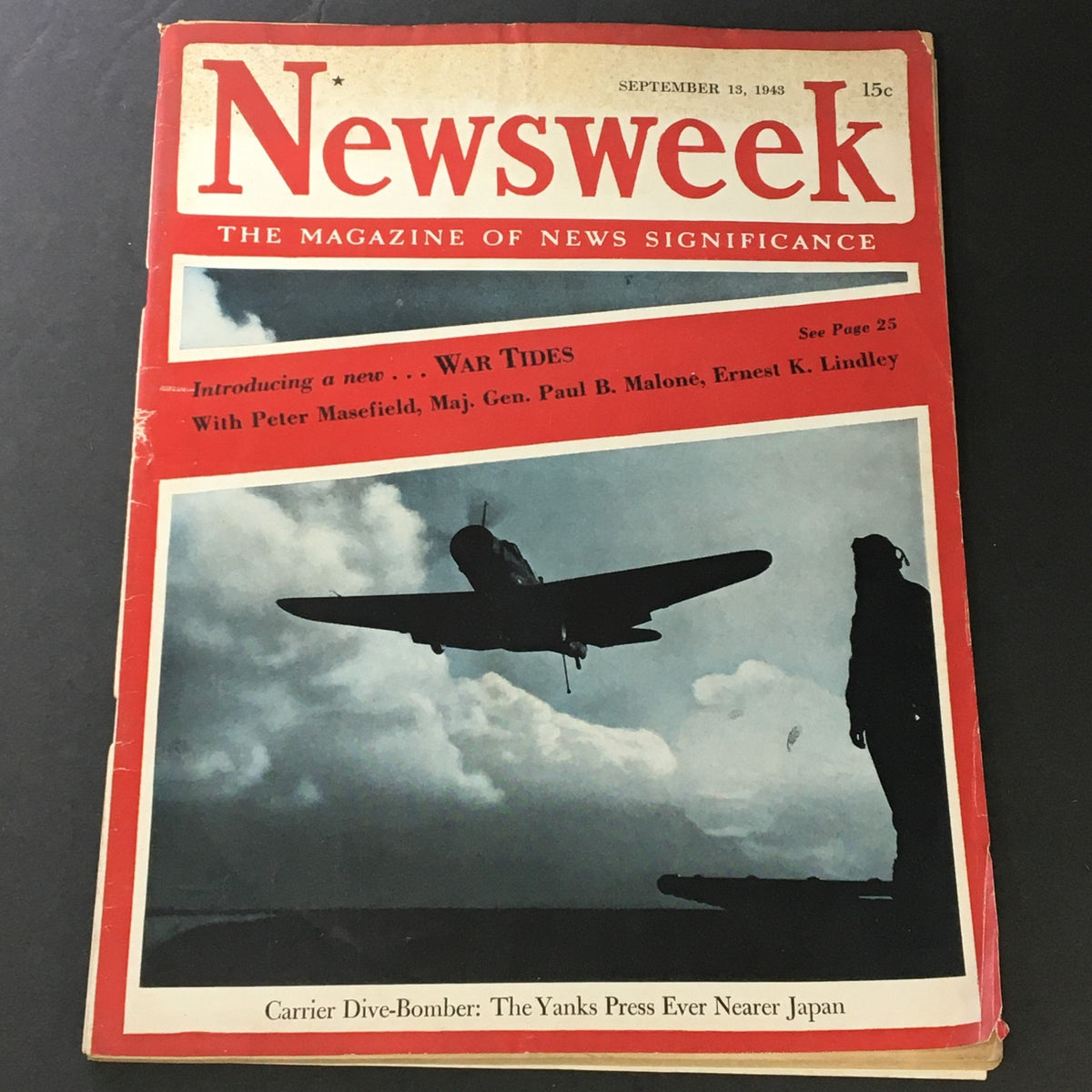 VTG Newsweek Magazine September 13 1943 featuring a Carrier Dive-Bomber on the cover. This vintage publication showcases significant military history during World War II.
