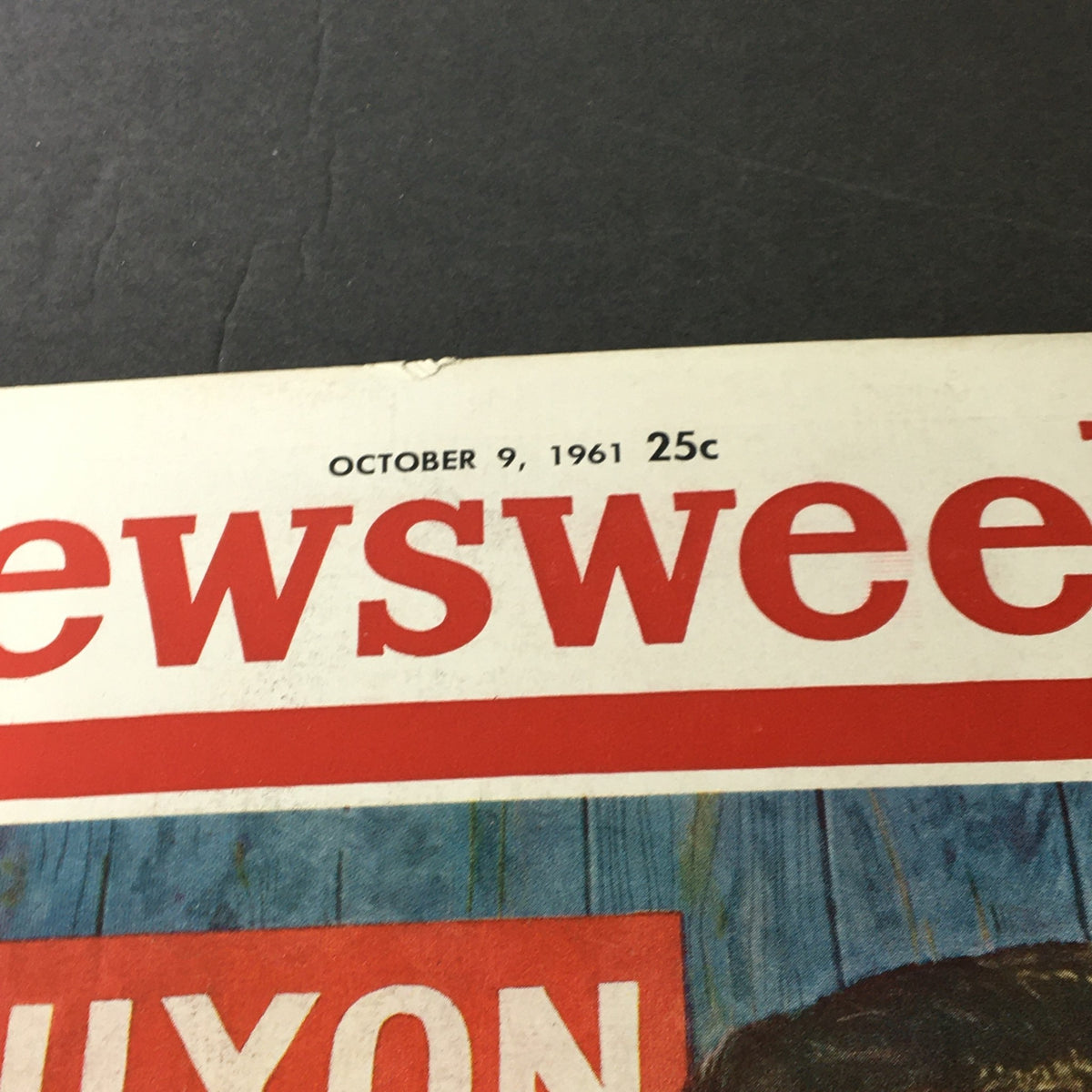 Close-up view of the cover of VTG Newsweek Magazine October 1961 featuring the date October 9, 1961, and a prominent price tag of 25 cents.