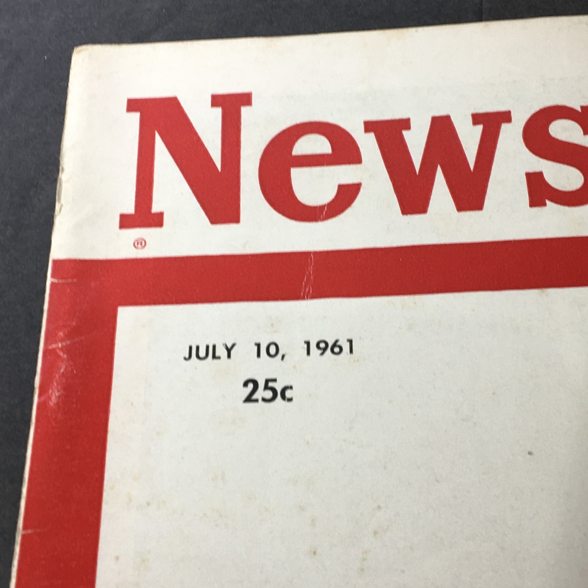 Top view of the vintage Newsweek magazine cover dated July 10, 1961, with a price of 25 cents, displaying the title 'VTG Newsweek Magazine July 10 1961'.