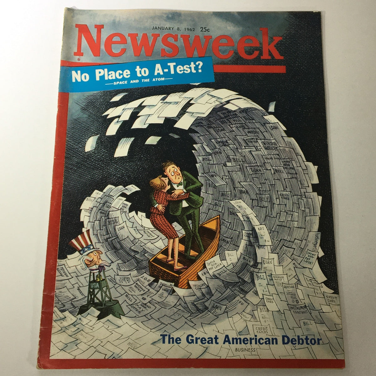 VTG Newsweek Magazine cover from January 8, 1962, titled 'The Great American Debtor,' featuring a whimsical illustration of a couple on a boat amidst a storm of paperwork, highlighting themes of debt and financial challenges in America.