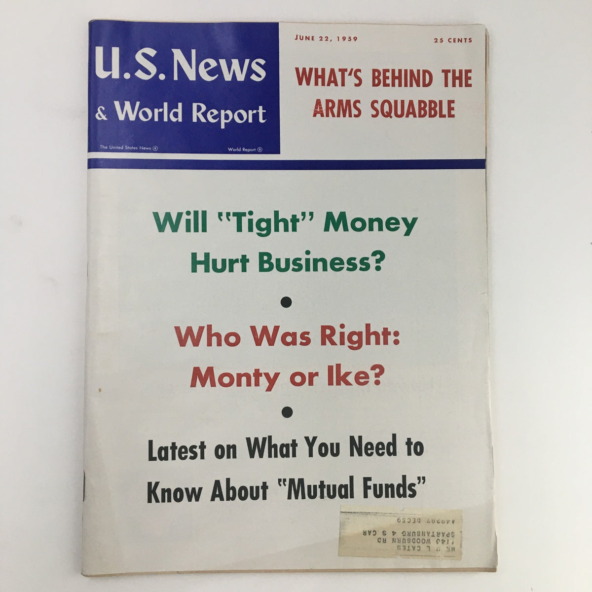 Cover of the vintage U.S. News & World Report dated June 22, 1959, featuring the headline 'Who Was Right, Monty or Ike?' and other articles about business and finance.