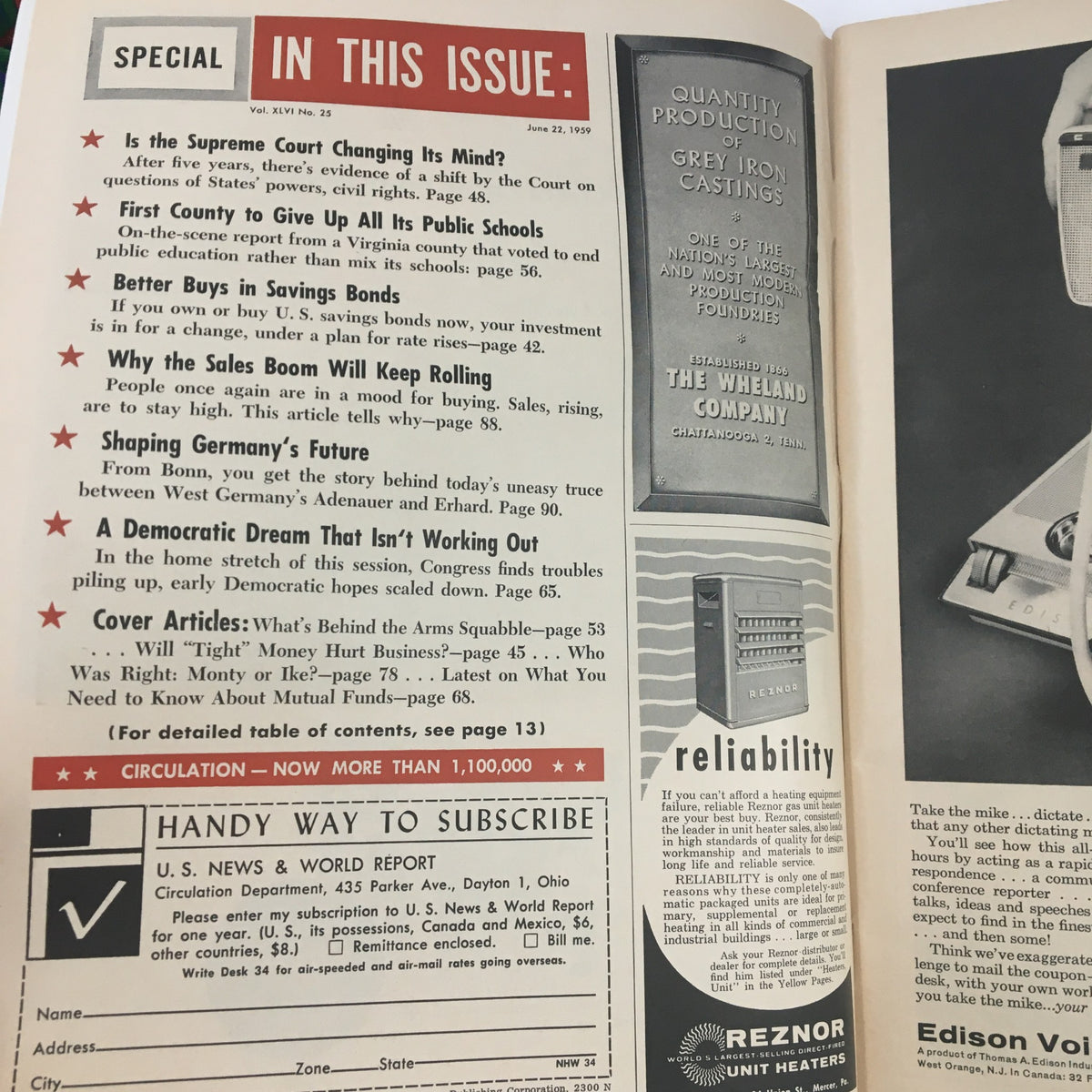 Inside page of the vintage U.S. News & World Report June 22, 1959, showcasing article highlights and subscription information, illustrating journalistic content of the time.