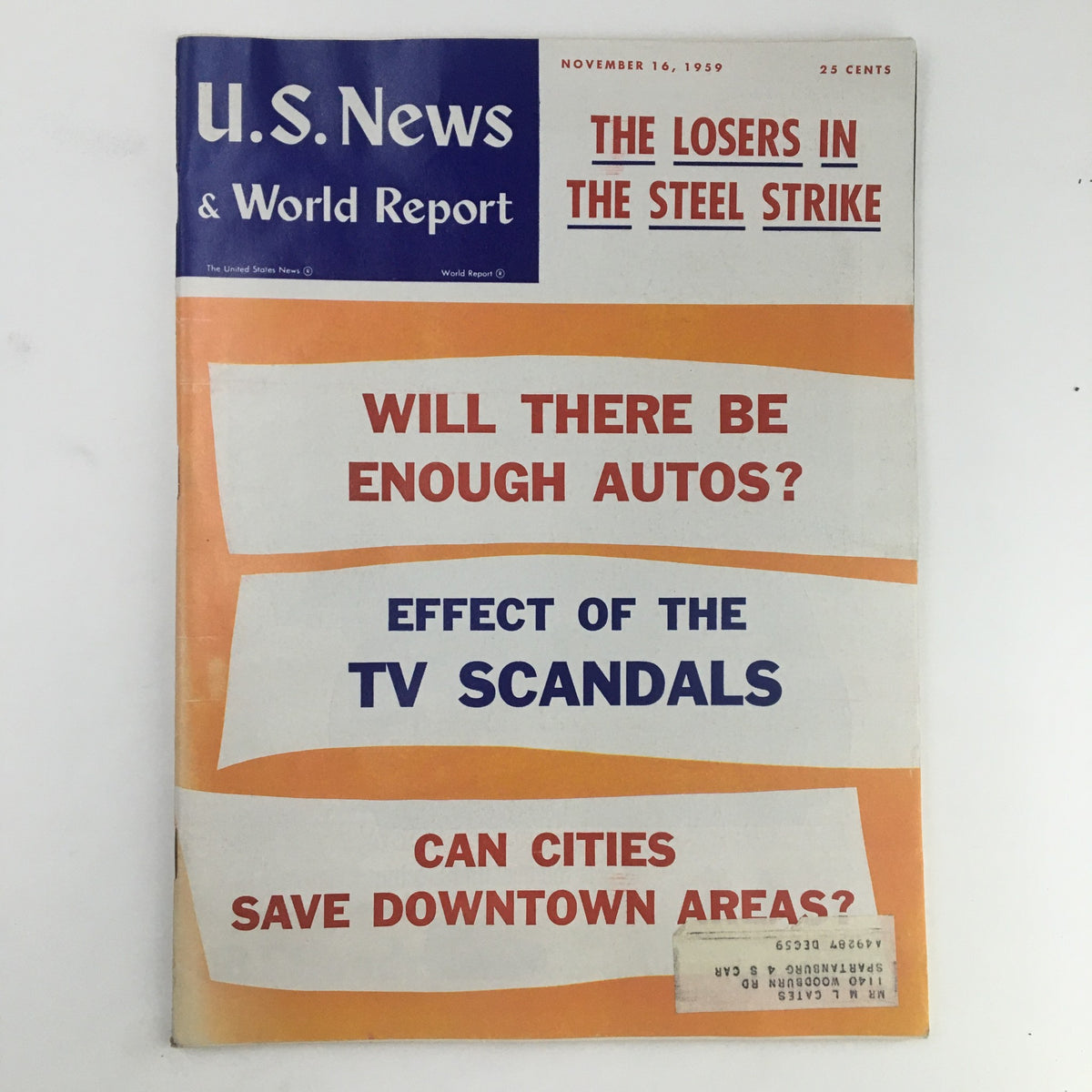 Cover of U.S. News & World Report from November 16, 1959, featuring the article 'Can Cities Save Downtown Areas?' along with headlines regarding autos and TV scandals.