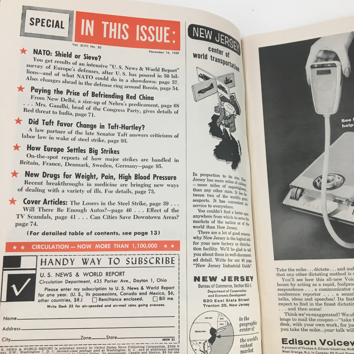 Inside page of the November 16, 1959 U.S. News & World Report, highlighting various articles including 'The Losers in the Steel Strike' and 'Can Cities Save Downtown Areas?' with a subscription note.