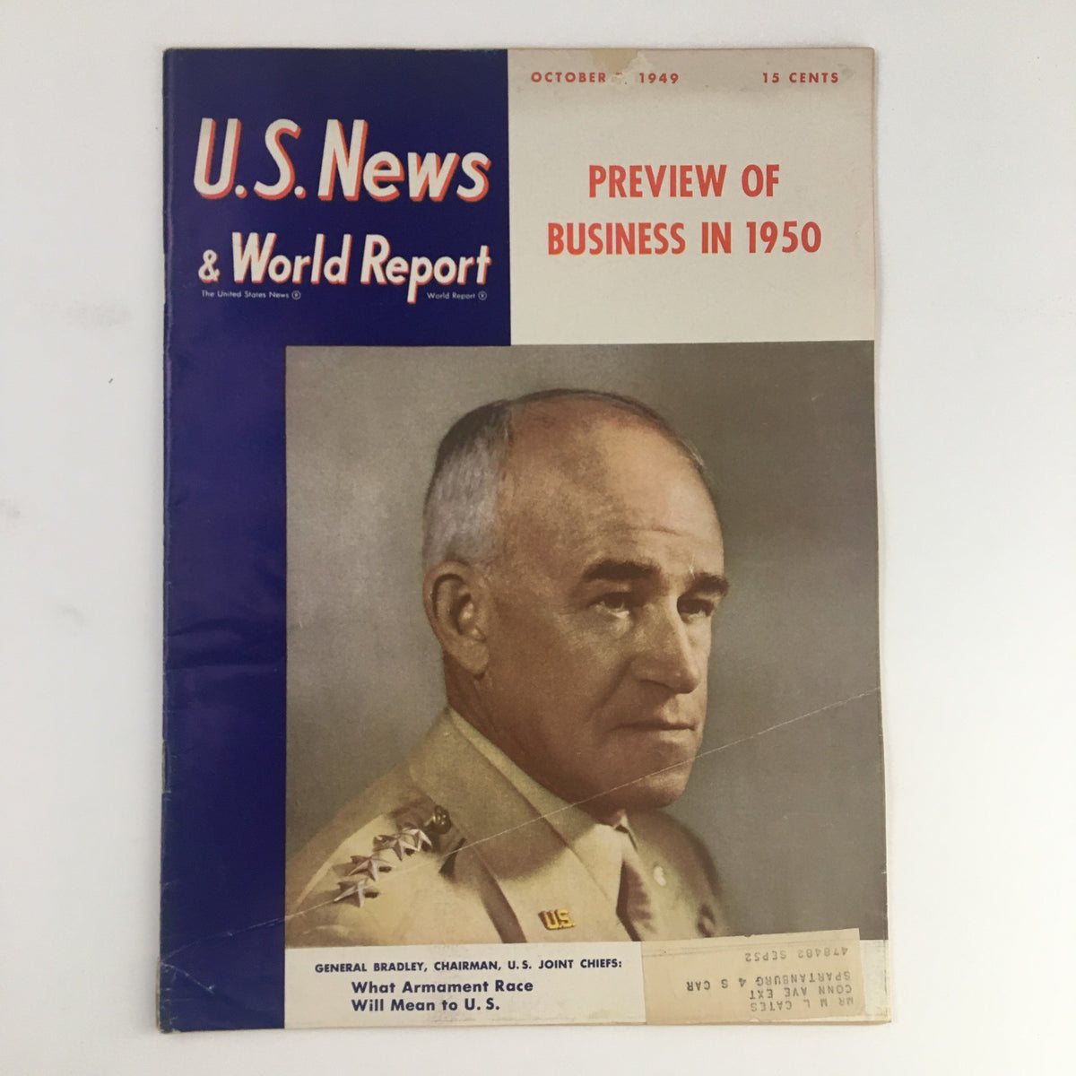 Cover of VTG U.S. News & World Report October 1949 featuring General Omar Bradley, Chairman of the U.S. Joint Chiefs, highlighting post-World War II themes.