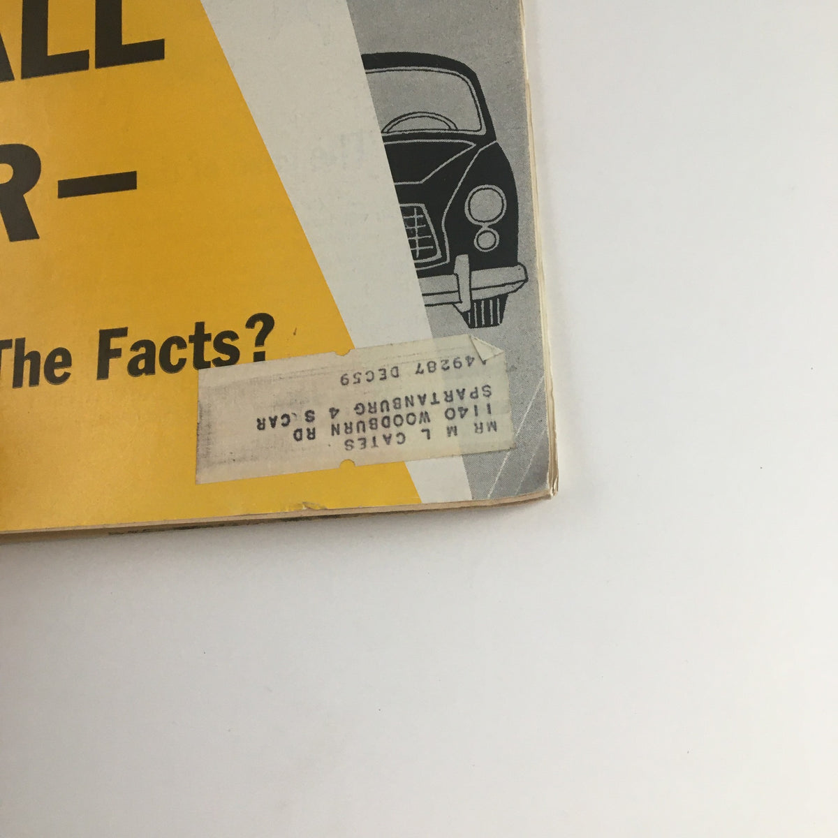 Close-up of the VTG U.S. News & World Report August 15, 1958 cover showing the vehicle illustration alongside the article 'The Small Car - What Are the Facts?' and an address label.