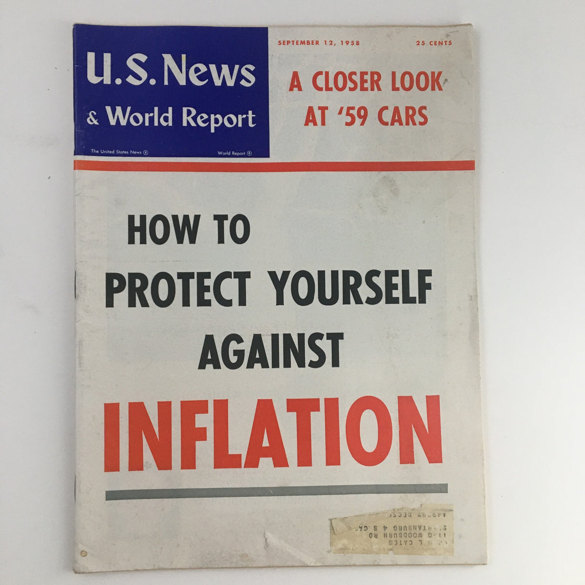 Cover of VTG U.S. News & World Report September 1958 titled 'Protect Yourself Against Inflation', featuring large bold text and vintage design elements.