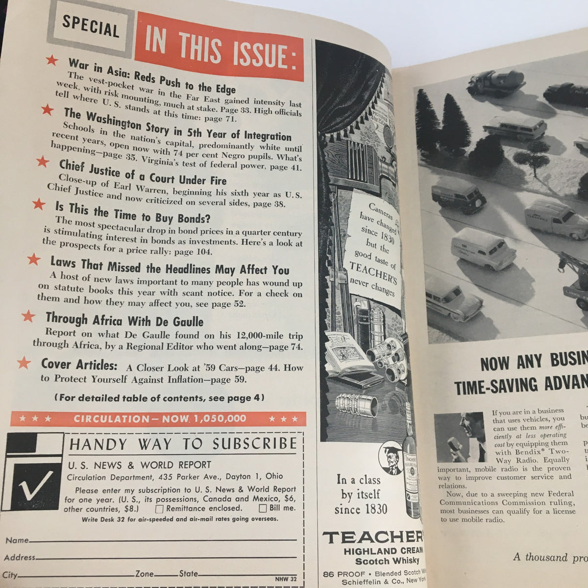 Inside page of the VTG U.S. News & World Report September 1958 'Protect Yourself Against Inflation' edition, displaying the table of contents and article highlights.